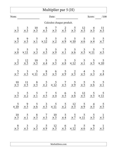 Multiplier (1 à 12) par 5 (100 Questions) (H)