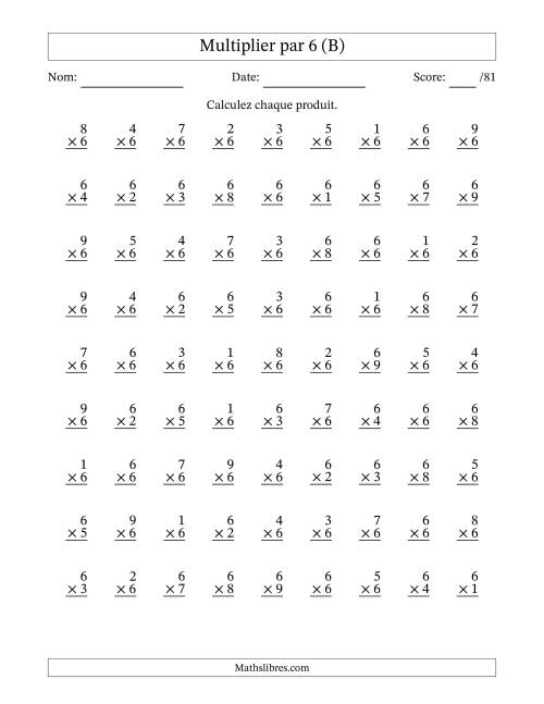 Multiplier (1 à 9) par 6 (81 Questions) (B)