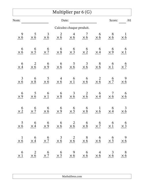 Multiplier (1 à 9) par 6 (81 Questions) (G)