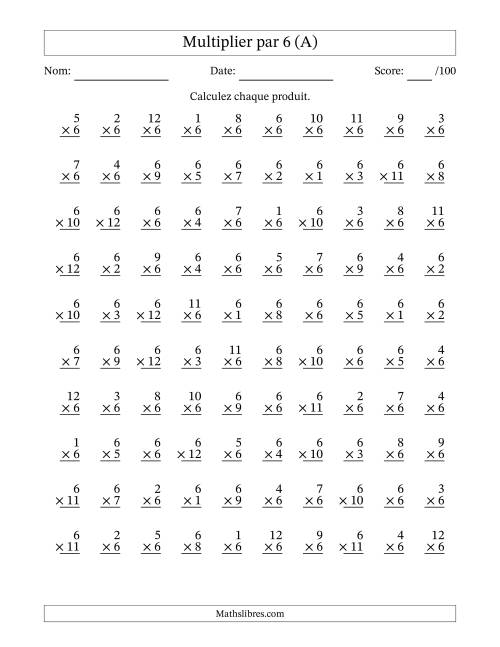 Multiplier (1 à 12) par 6 (100 Questions) (A)