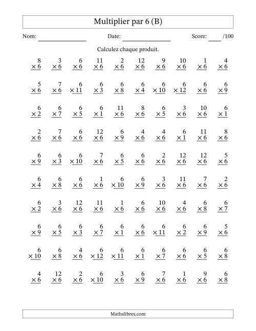 Multiplier (1 à 12) par 6 (100 Questions) (B)