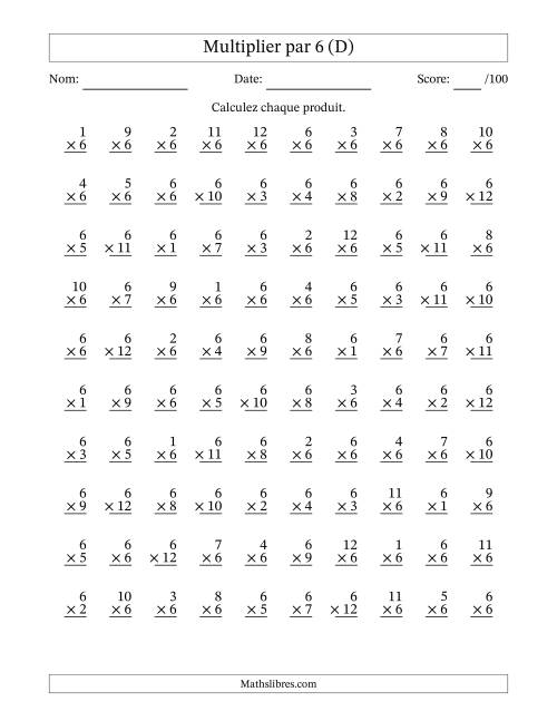 Multiplier (1 à 12) par 6 (100 Questions) (D)