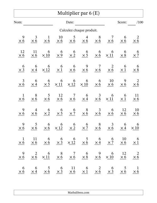 Multiplier (1 à 12) par 6 (100 Questions) (E)