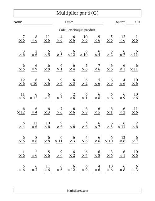 Multiplier (1 à 12) par 6 (100 Questions) (G)