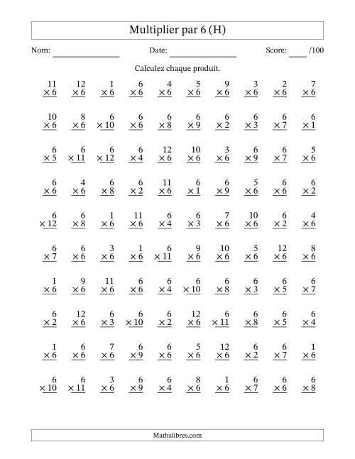 Multiplier (1 à 12) par 6 (100 Questions) (H)