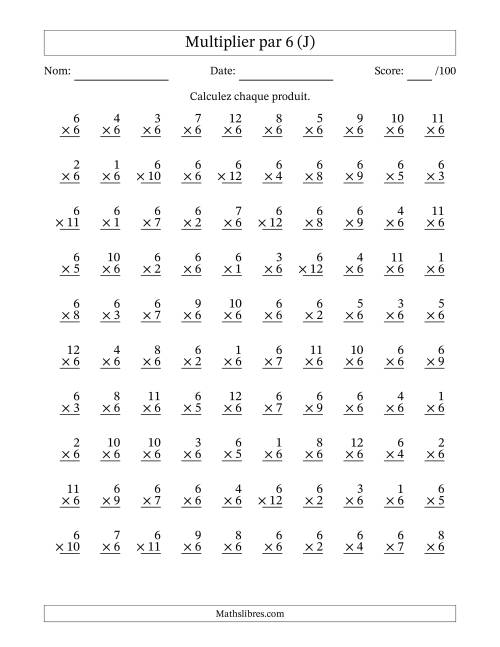 Multiplier (1 à 12) par 6 (100 Questions) (J)