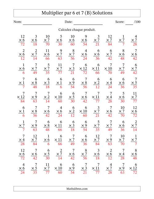 Multiplier (1 à 12) par 6 et 7 (100 Questions) (B) page 2