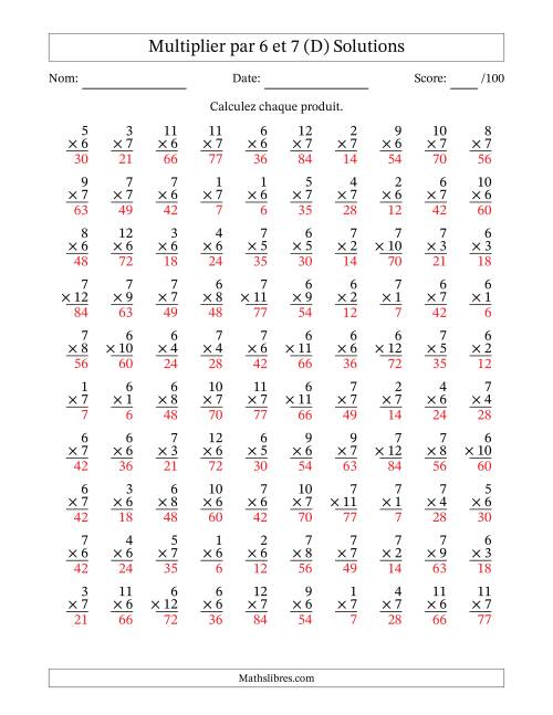 Multiplier (1 à 12) par 6 et 7 (100 Questions) (D) page 2