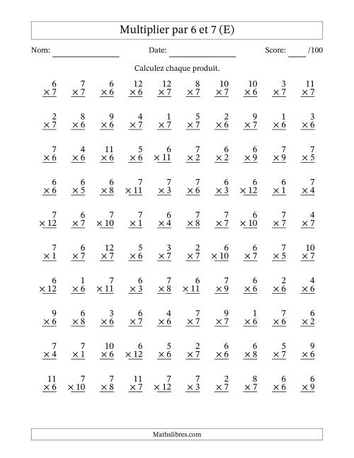 Multiplier (1 à 12) par 6 et 7 (100 Questions) (E)