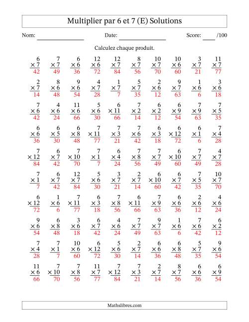 Multiplier (1 à 12) par 6 et 7 (100 Questions) (E) page 2