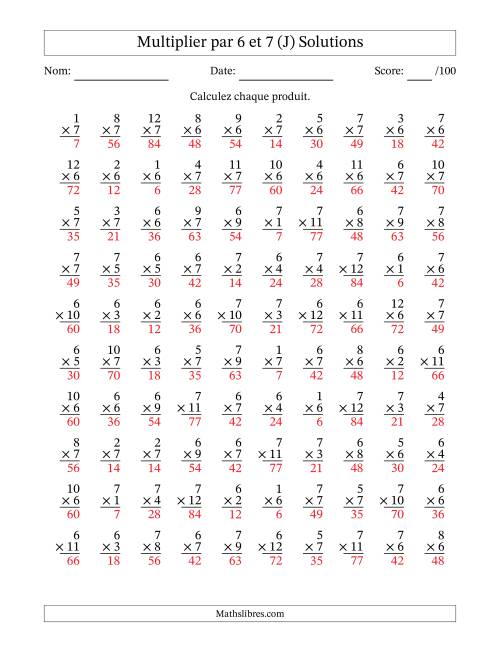 Multiplier (1 à 12) par 6 et 7 (100 Questions) (J) page 2