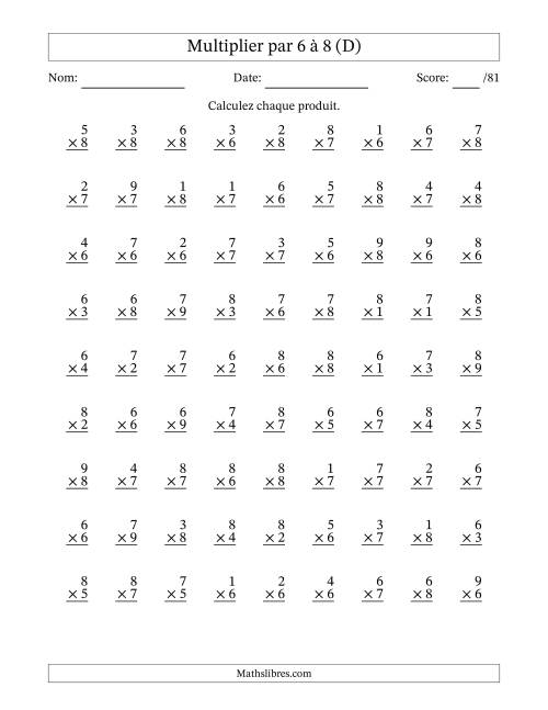 Multiplier (1 à 9) par 6 à 8 (81 Questions) (D)