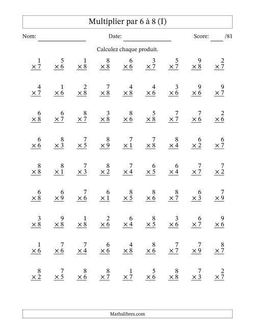 Multiplier (1 à 9) par 6 à 8 (81 Questions) (I)