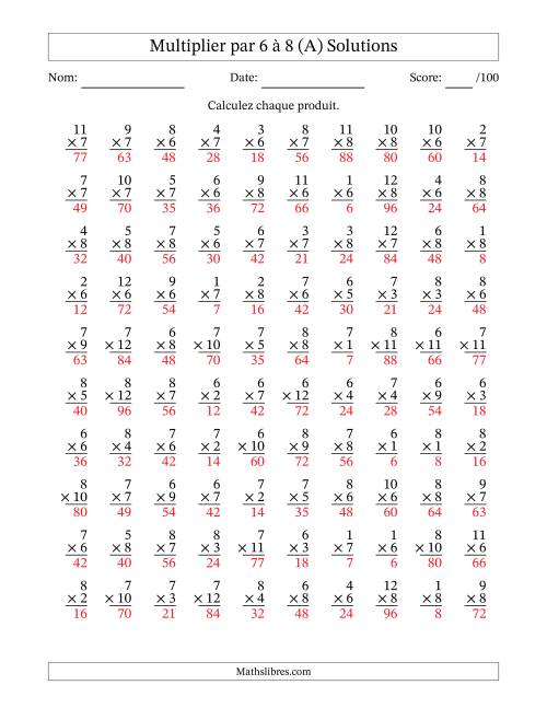 Multiplier (1 à 12) par 6 à 8 (100 Questions) (A) page 2