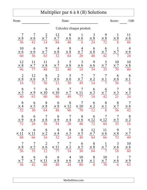 Multiplier (1 à 12) par 6 à 8 (100 Questions) (B) page 2