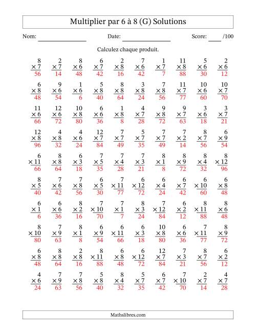 Multiplier (1 à 12) par 6 à 8 (100 Questions) (G) page 2