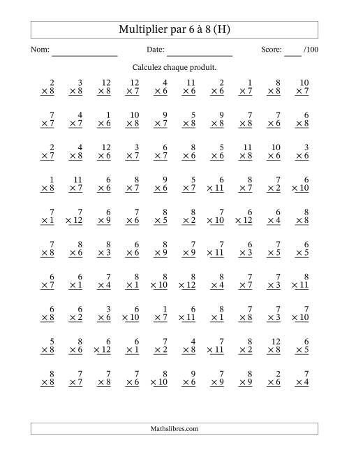 Multiplier (1 à 12) par 6 à 8 (100 Questions) (H)