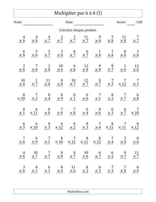 Multiplier (1 à 12) par 6 à 8 (100 Questions) (I)
