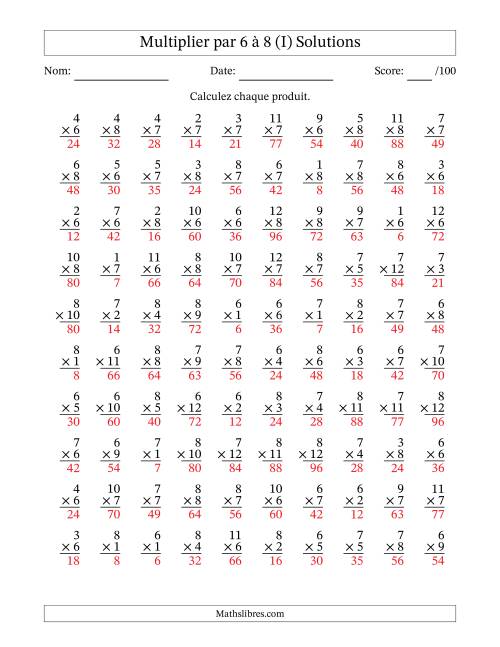 Multiplier (1 à 12) par 6 à 8 (100 Questions) (I) page 2