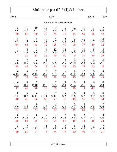 Multiplier (1 à 12) par 6 à 8 (100 Questions) (J) page 2