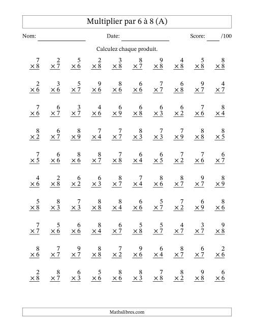 Multiplier (2 à 9) par 6 à 8 (100 Questions) (A)