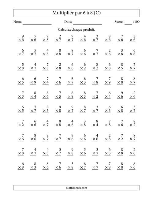 Multiplier (2 à 9) par 6 à 8 (100 Questions) (C)