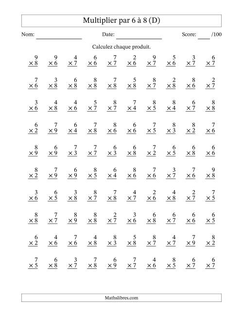 Multiplier (2 à 9) par 6 à 8 (100 Questions) (D)