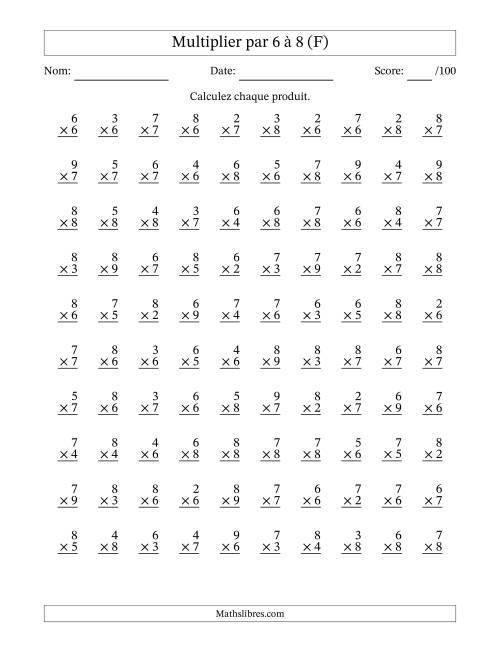 Multiplier (2 à 9) par 6 à 8 (100 Questions) (F)