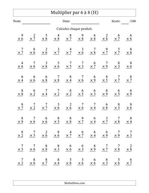 Multiplier (2 à 9) par 6 à 8 (100 Questions) (H)