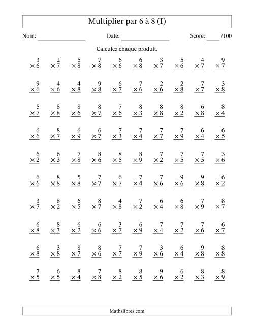 Multiplier (2 à 9) par 6 à 8 (100 Questions) (I)