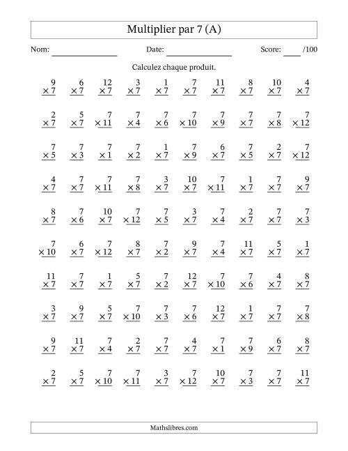 Multiplier (1 à 12) par 7 (100 Questions) (A)