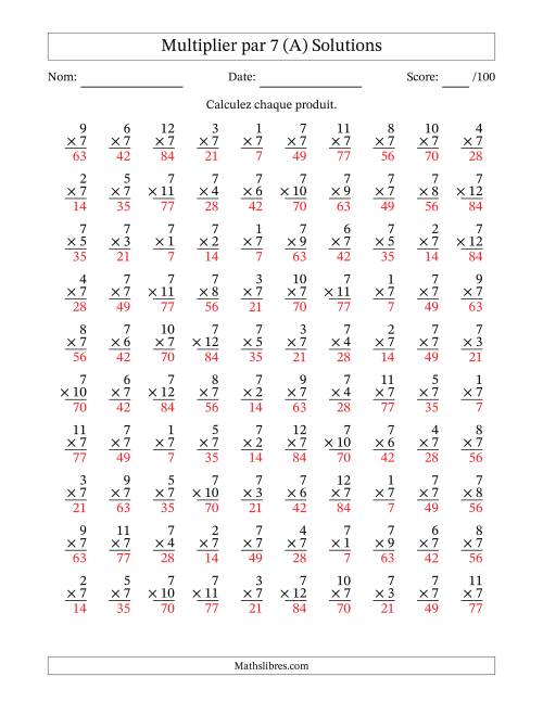 Multiplier (1 à 12) par 7 (100 Questions) (A) page 2