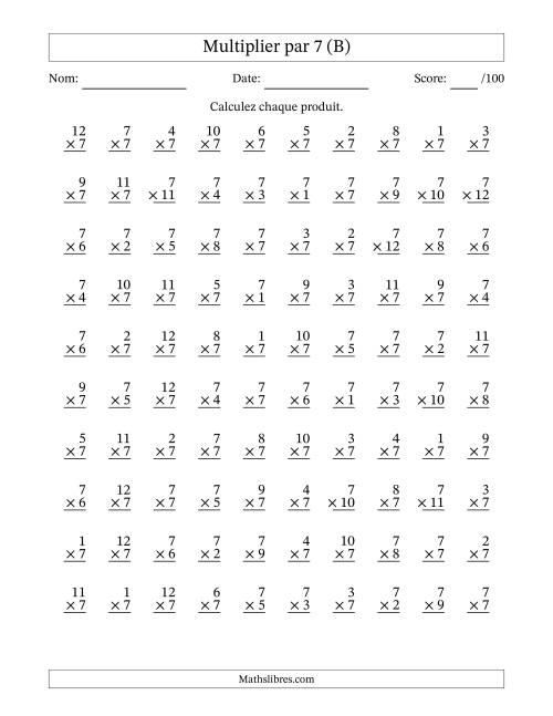 Multiplier (1 à 12) par 7 (100 Questions) (B)
