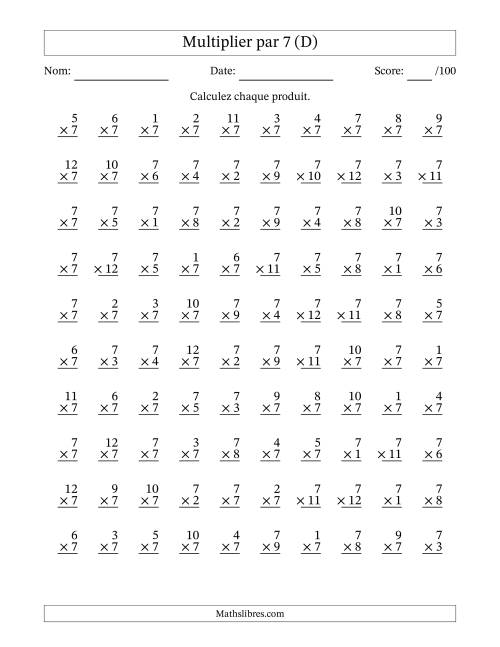 Multiplier (1 à 12) par 7 (100 Questions) (D)