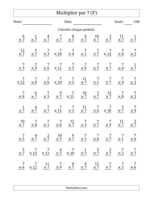 Multiplier (1 à 12) par 7 (100 Questions) (F)