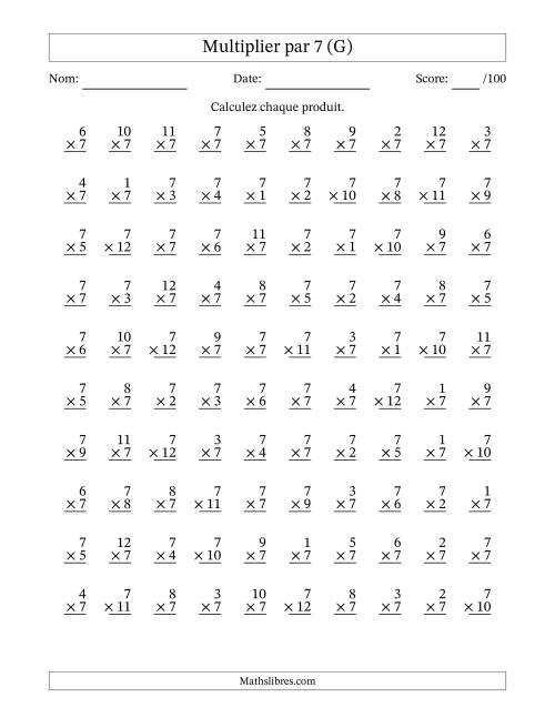 Multiplier (1 à 12) par 7 (100 Questions) (G)
