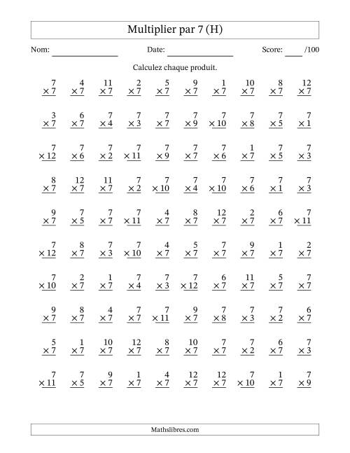 Multiplier (1 à 12) par 7 (100 Questions) (H)