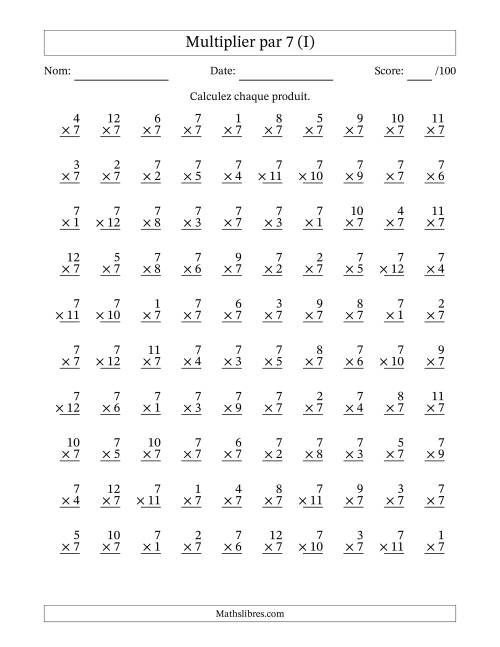 Multiplier (1 à 12) par 7 (100 Questions) (I)