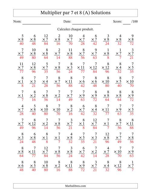 Multiplier (1 à 12) par 7 et 8 (100 Questions) (A) page 2
