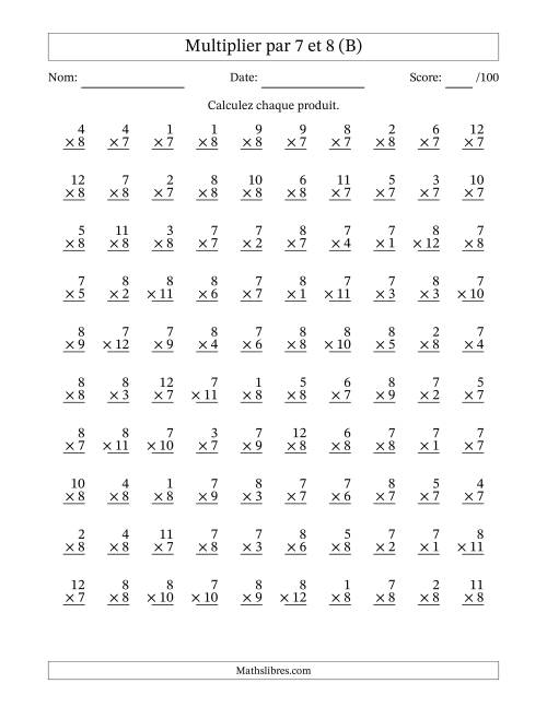 Multiplier (1 à 12) par 7 et 8 (100 Questions) (B)