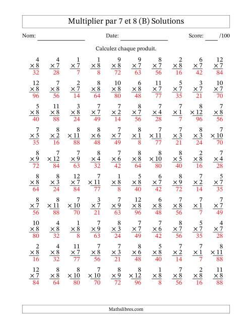 Multiplier (1 à 12) par 7 et 8 (100 Questions) (B) page 2
