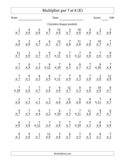 Multiplier (1 à 12) par 7 et 8 (100 Questions) (E)