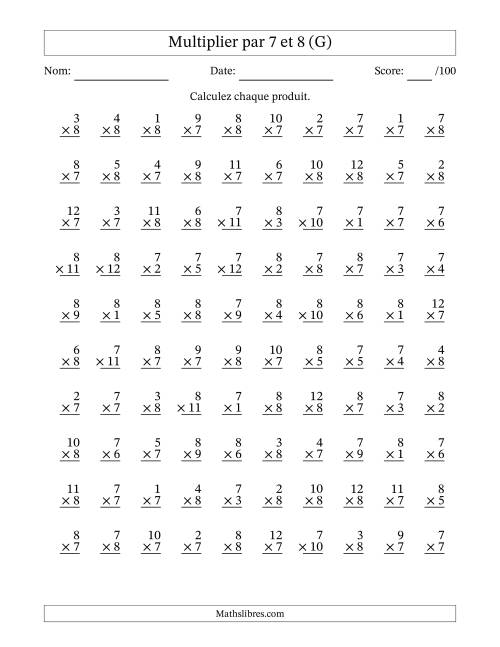 Multiplier (1 à 12) par 7 et 8 (100 Questions) (G)