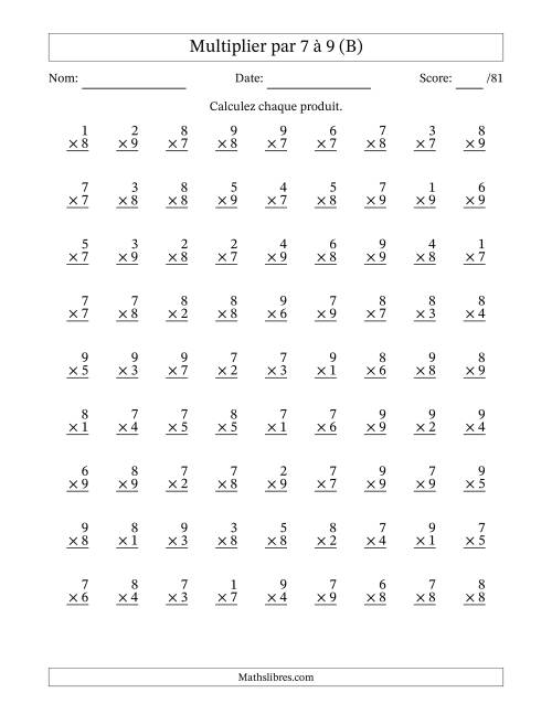 Multiplier (1 à 9) par 7 à 9 (81 Questions) (B)
