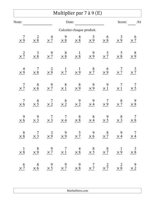 Multiplier (1 à 9) par 7 à 9 (81 Questions) (E)