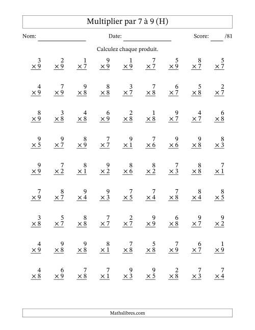 Multiplier (1 à 9) par 7 à 9 (81 Questions) (H)