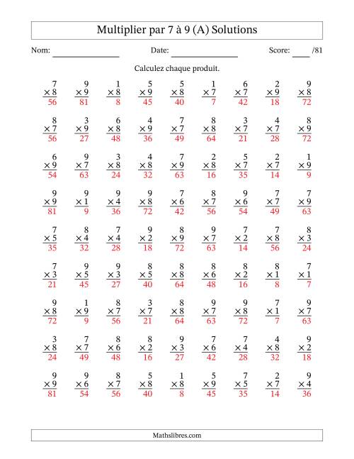 Multiplier (1 à 9) par 7 à 9 (81 Questions) (Tout) page 2