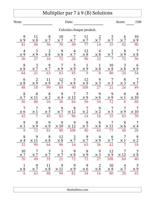 Multiplier (1 à 12) par 7 à 9 (100 Questions) (B) page 2