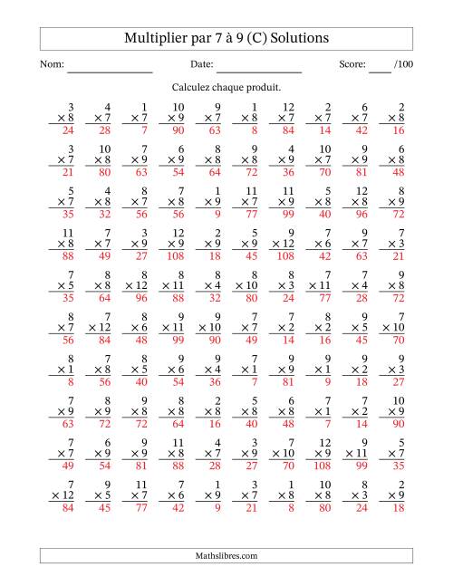 Multiplier (1 à 12) par 7 à 9 (100 Questions) (C) page 2