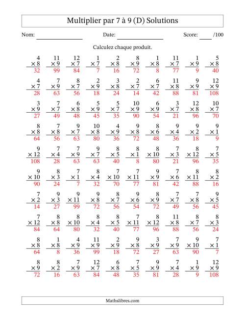 Multiplier (1 à 12) par 7 à 9 (100 Questions) (D) page 2
